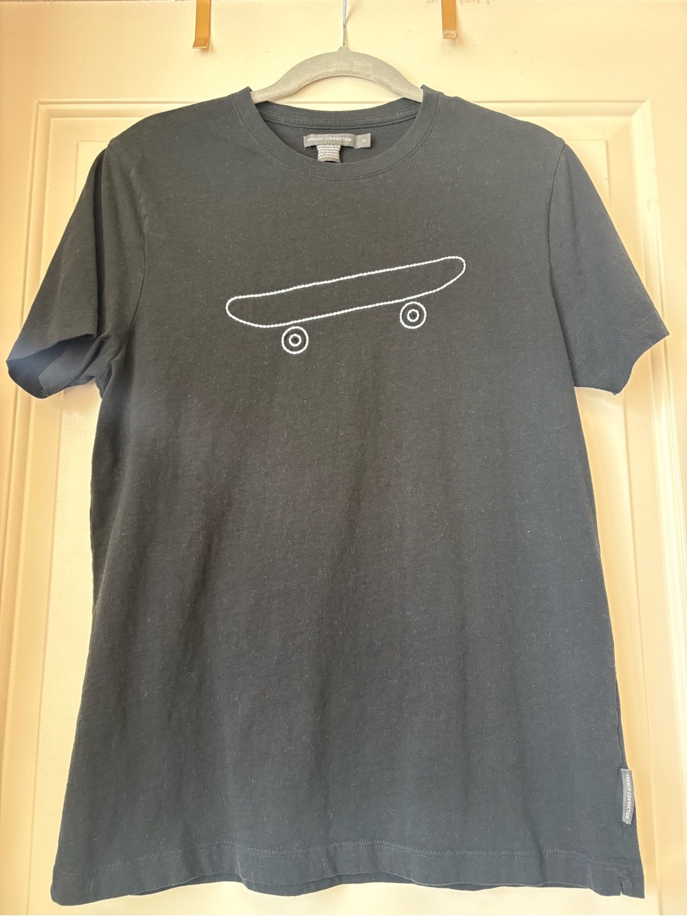 French Connection Black Tee with White Skateboard Outline